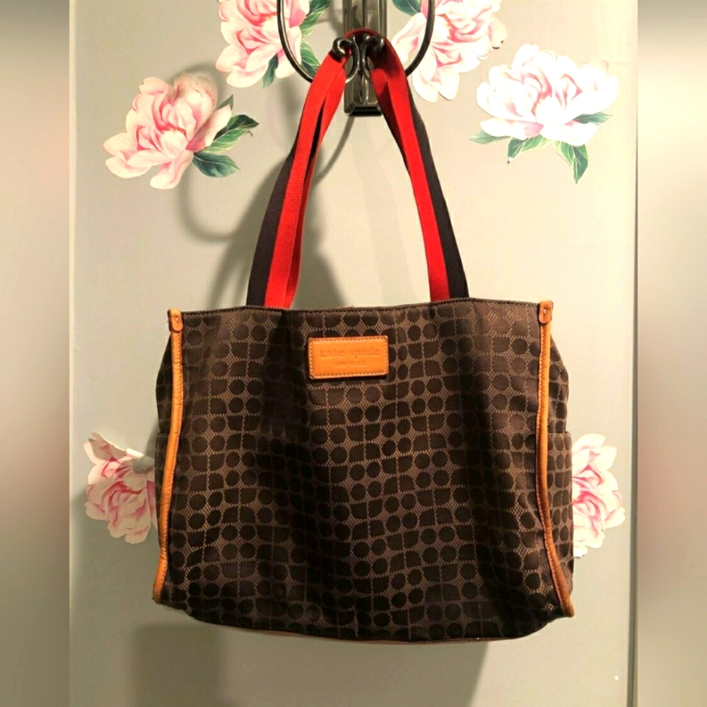Kate Spade Designer Fabric With Leather Details Brown Pattern Tote Purse Handbag